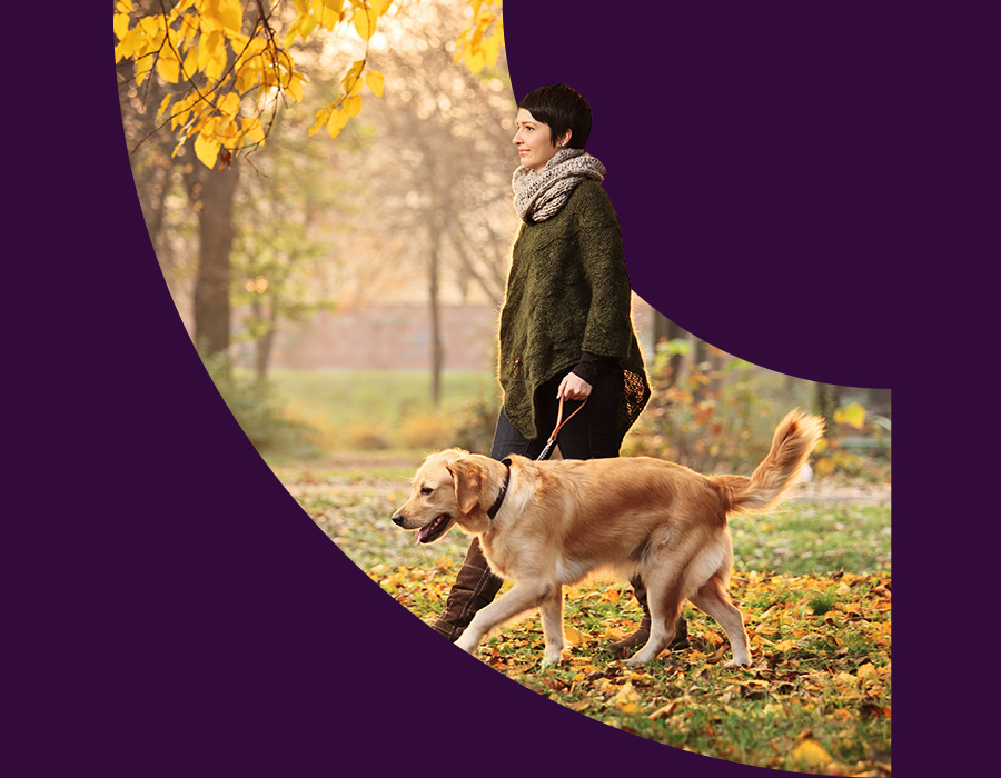 Woman walking here dog in the park in the fall